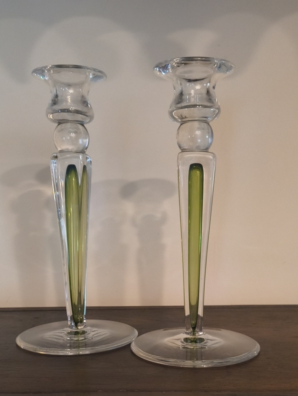 Val St. Lambert Candlestick Holders Antique Blown Glass With Olive Inner 8.75"